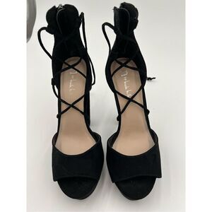 n by Nicole Miller Chunky Platform Vegan Suede Black Heels Tie Up Sandal 6.5 new